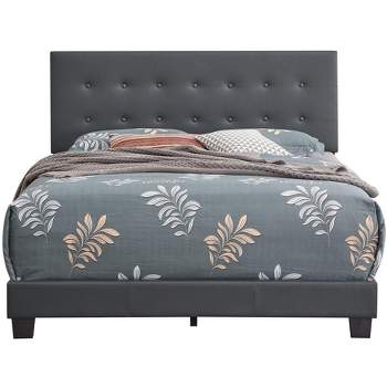 Passion Furniture Caldwell Dark Grey Faux Leather Button Tufted Queen Panel Bed