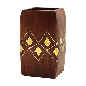 Store Indya Wooden Pen Pencil Office Stationary Holder Stand Hand Carved with Intricate Brass Inlay Design - 1 of 4