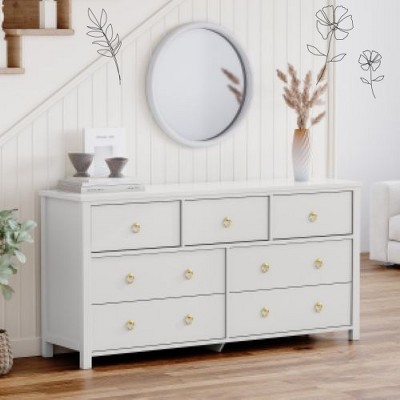 Jojoka Wide Drawer Storage Dresser, Wooden Chest with Ring Handles and Anti-Tip Safety for Bedroom, Living Room, White