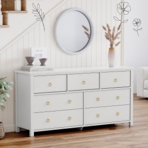 Jojoka Wide Drawer Storage Dresser, Wooden Chest with Ring Handles and Anti-Tip Safety for Bedroom, Living Room, White - 1 of 4