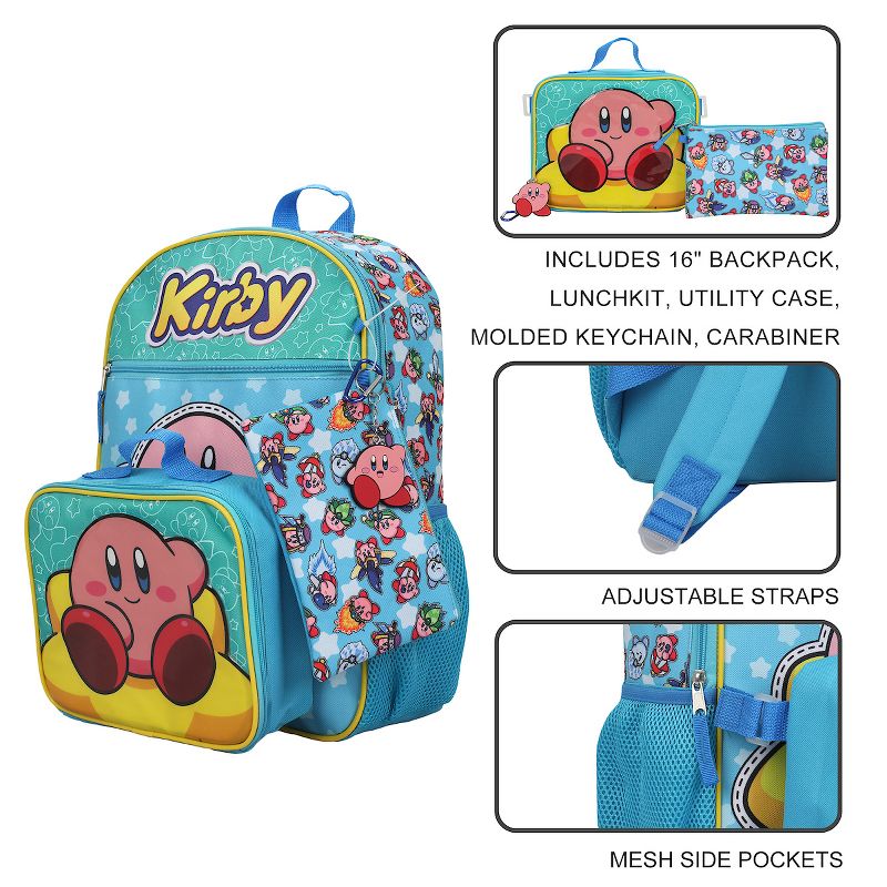 Kirby 5-Piece Set: 16" Backpack, Lunchbox, Utility Case, Rubber Keychain, and Carabiner, 6 of 8