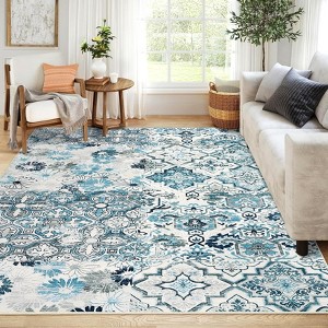 Washable Rugs for Living Room Low Pile Non-Slip Vintage Floral Area Rug, Non Shedding Soft Accent Carpet, Large Oriental Foldable Floor Mats - 1 of 4