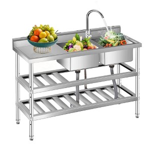 Stainless Steel Utility Sink, Freestanding Double Bowl with Pull-Out Hot & Cold Faucet, Storage Shelf - 1 of 4