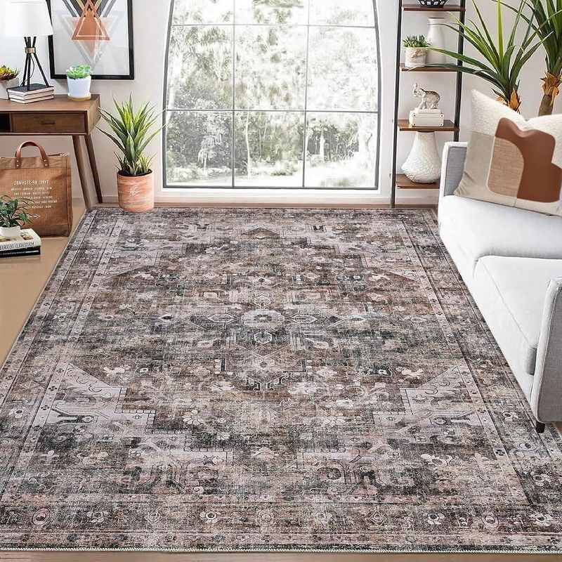 Boho Area Rug Washable Distressed Oriental Print Floor Carpet Vintage Persian Rug, 1 of 9