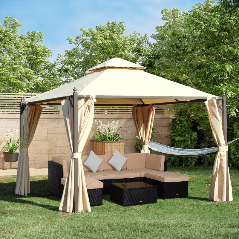 Outsunny 10' x 10' Outdoor Patio Gazebo Canopy with Polyester Privacy Curtains, Two-Tier Roof, Beige, 2 of 9