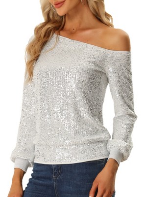 SILVER SEQUINS OFF SHOULDER BLOUSE WITH FRINGE NECKLINE TEAMED