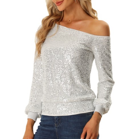 Allegra K Women's Sequin Party Sparkly Glitter Off Shoulder Top Silver  X-Large