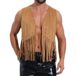 INSPIRE CHIC Men's Western Retro  Open Front Sleeveless Suede Tassel Cardigan - 1 of 4