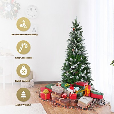 5ft Green and White Snow Flocked Pencil Christmas Tree with Pine Cones