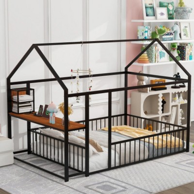 Full-Size Metal House Bed Frame with Integrated Desk, Shelves, Electrical Outlets, and USB Ports