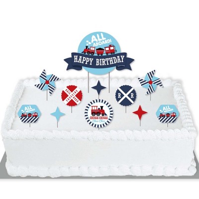 Big Dot of Happiness Railroad Party Crossing - Steam Train Birthday Party Cake Decorating Kit - Happy Birthday Cake Topper Set - 11 Pieces