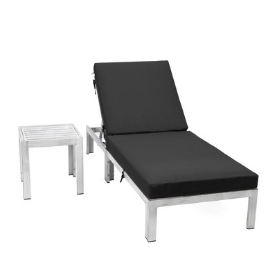 LeisureMod Chelsea Modern Outdoor Weathered Grey Chaise Lounge Chair With Side Table and Cushions