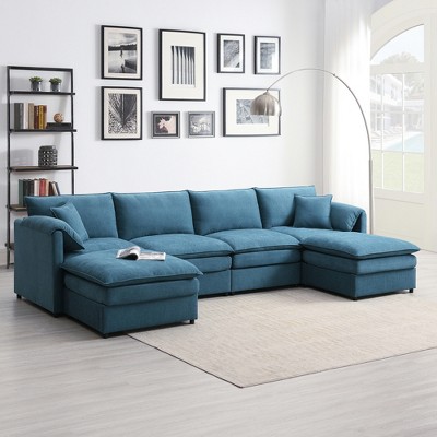 Whisen Chenille Modular Sectional Sofa with Thick Double Cushions and Ottomans, U-shaped Cloud Couch Set