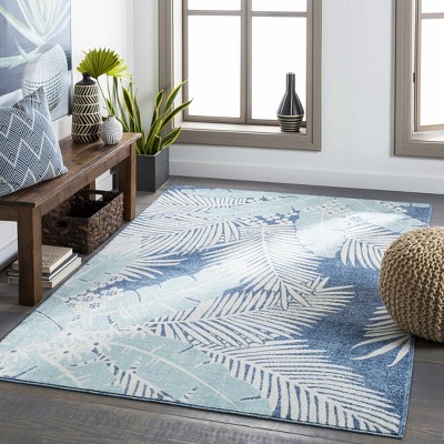 Thebarton Coastal Blue Palm Low Pile Rectangle Area Rug