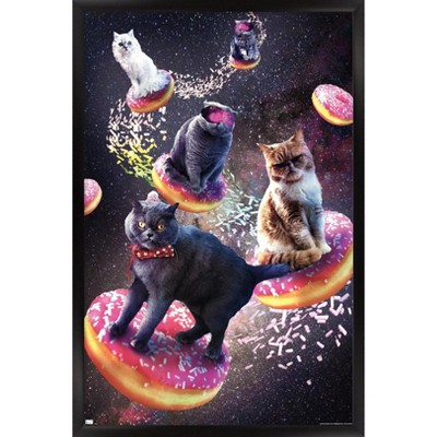 Trends International James Booker - Galaxy Space Cats Riding Donuts Framed Wall Poster Prints