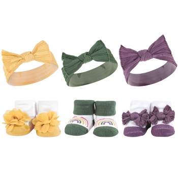 Hudson Baby Infant Girl Headband and Socks Giftset, Purple Green Yellow, One Size