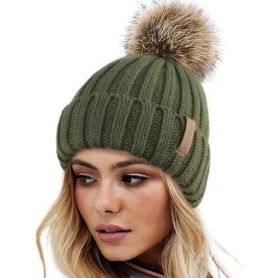 ZUPPAD Womens Winter Knitted Beanie Hat with Faux Fur Pom Warm Knit Skull Cap Beanie for Women Hats 1 Pack