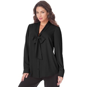 Roaman's Women's Plus Size Long Sleeve Bow Blouse - 1 of 4