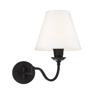 Adjustable Black Stainless Steel Swing Arm Wall Sconce with Off-White Linen Shade