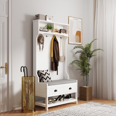 CAVINAS Hall Tree with Bench and Shoe Rack Modern Coat Rack with 4 Hooks and Soft Cushion for Hallway