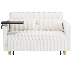 TiramisuBest Beige Corduroy Sofa: Dual-Function Pull-out & Push-in Design, Comes with Movable Tabletop and USB Ports, for Living Rooms and Bedrooms! - 1 of 4