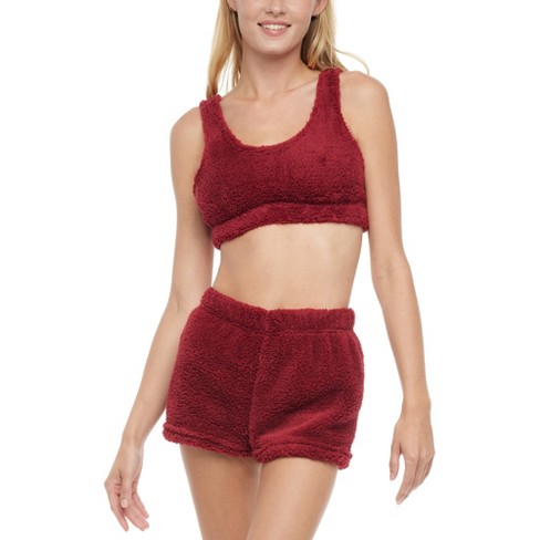 Adr Plush Crop Top And Shorts Women's Fleece Pajamas Set Burgundy