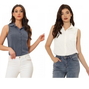 INSPIRE CHIC Women's Sleeveless Lapel V Neck Button Down Chambray Shirt 2 Packs - 1 of 4