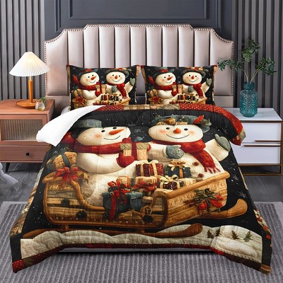 Christmas Snowman-Themed Thickened Warm Quilt 3-Piece Set Cartoon-Printed Winter Bedding Set for Kids and Adults Bedroom Bed Decor