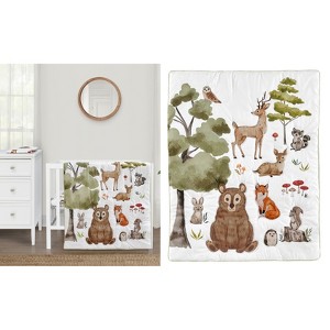 Sweet Jojo Designs Boy Girl Gender Neutral Unisex Baby Mini Crib Bedding Set - Watercolor Woodland Forest Animals Orange Green and Brown 3pc - 1 of 4