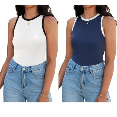 ATHLECHIC Women's Ribbed Summer Crew Neck Sleeveless Casual Fitted Tank Tops 2 Packs