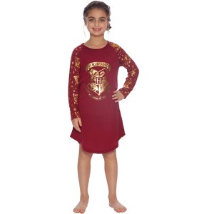 Harry Potter Hermione Hogwarts Logo Crest Nightgown Sleepshirt Holiday Pajama Red - 1 of 3