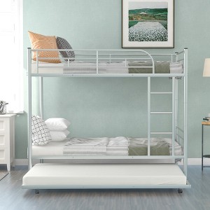 Gulches Twin-Over-Twin Metal Bunk Bed With Trundle,Can be Divided into two beds,No Box Spring needed ,White - 1 of 4