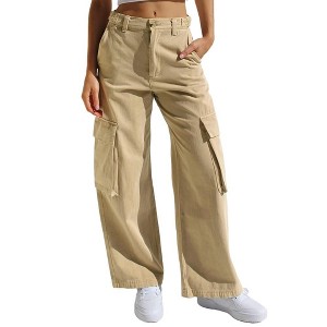 Coolmee Women's High Waisted Cargo Pants Wide Leg Casual Pants 6 Pockets Trousers - 1 of 4