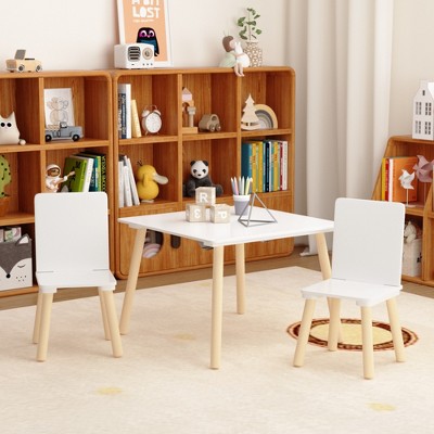 GlasFlength Accent Table Sets, Toddler Activity Play Dining Study Desk with Chairs, for Reading, Drawing, Playing, White, 23.6"*23.6"*17.3"