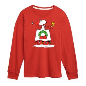 Boys' - Peanuts - Snoopy & Woodstock House Sleigh Long Sleeve Graphic T-Shirt - 1 of 4
