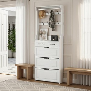 Homy Casa Entryway Hall Tree with Shoe Storage, Drawers & Hooks, for Foyer or Mudroom, White - 1 of 4