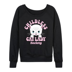Women's - Instant Message - Childless Cat Lady Society Lightweight French Terry Wide Neck Long Sleeve Shirt - 1 of 4
