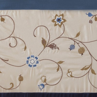 Navy and Beige Floral Embroidered Rod Pocket Valance
