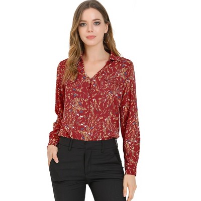 INSPIRE CHIC Women's V-neck Long Sleeve Floral Faux Pocket Blouse