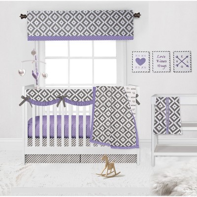 Bacati - Love  Gray Lilac 10 pc Crib Bedding Set with Long Rail Guard Cover