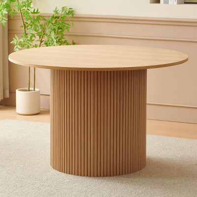 Dining Tables Round With Wood Veneer Tabletop, 47 Inch Dining Tables Modern Oak, T-Shaped Design Dining Tables Round Wood For 4 Person-Cuddlewood