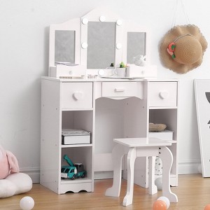 White Wooden Kids Vanity Set,with Tri-Fold Mirror, Stool & Drawer,Toddler Vanity,Pretend Play Girls Vanity Table for Toddlers Ages 3+ - 1 of 4