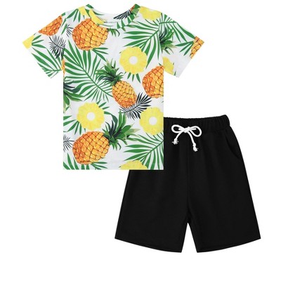 Little Kid Shorts Sets Kids Summer Beach Outfit  Pulm Leaves Pattren Short Sleeve Shirt Top with Shorts Suits