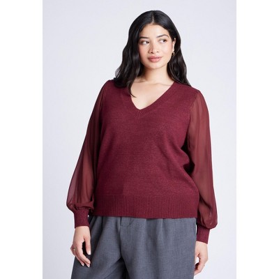 ELOQUII Women's Plus Size Sheer Sleeve V-Neck Sweater