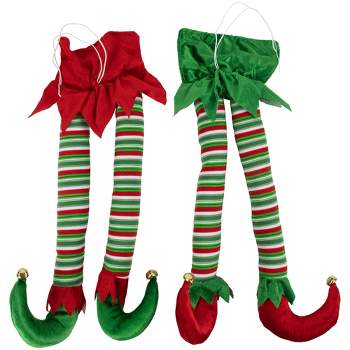Northlight Set of 2 Red and Green Striped Plush Elf Legs Christmas Decorations 18"