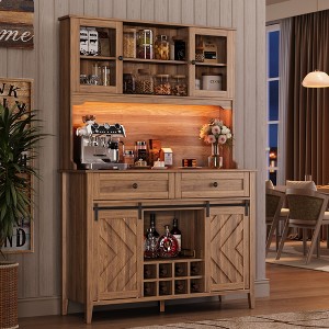 Garvee Wine Bar Cabinet, Farmhouse Kitchen Pantry Storage Cabinet with Wine Racks & Drawers, LED Lighted Kitchen Hutch with Sliding Doors - 1 of 4