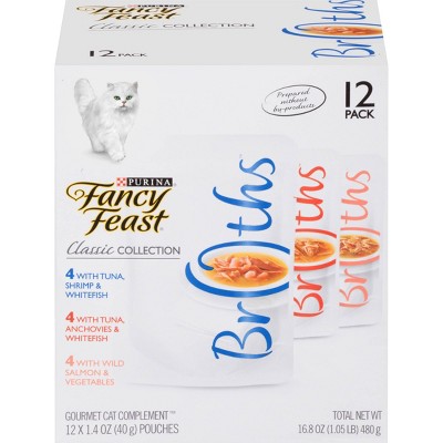 Purina Fancy Feast Broths Classic Collection Gourmet Wet Cat Food Complement Tuna, Shrimp & Salmon - 1.4oz/12ct Variety Pack