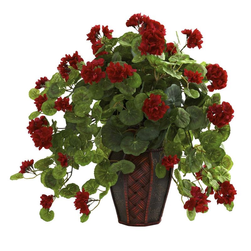 Nearly Natural 22-in Geranium w/Decorative Planter, 1 of 2