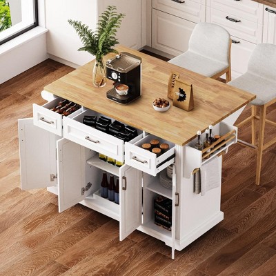 JUJABU 54'' Large Kitchen Island with Rubber Wood Drop Leaf, Rolling Cart with Embossed Texture, 4 Wheels, 4 Doors & 3 Drawers