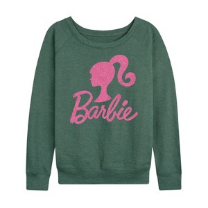 Women's - Barbie - Logo Pink Glitter Lightweight French Terry Wide Neck Long Sleeve Shirt - 1 of 4